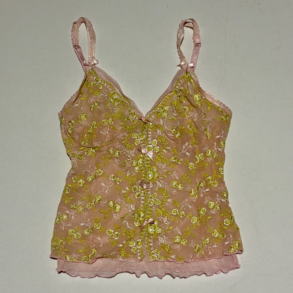 A.E.T. International Floral Mesh Camisole Womens Small Pink Green Y2K Babydoll